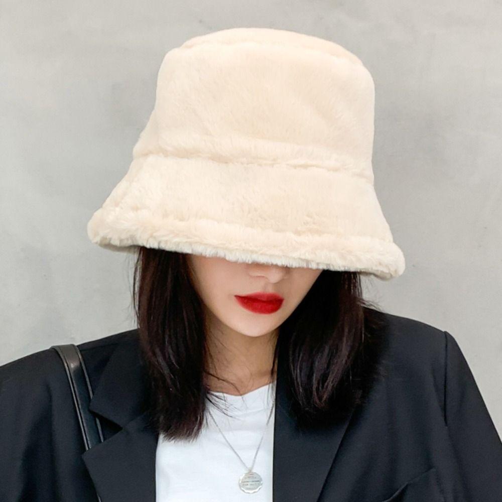 Windproof Women's Plush Hat Imitation Fur Warm Fisherman Hat Personality Wool Bucket Hat  Ladies