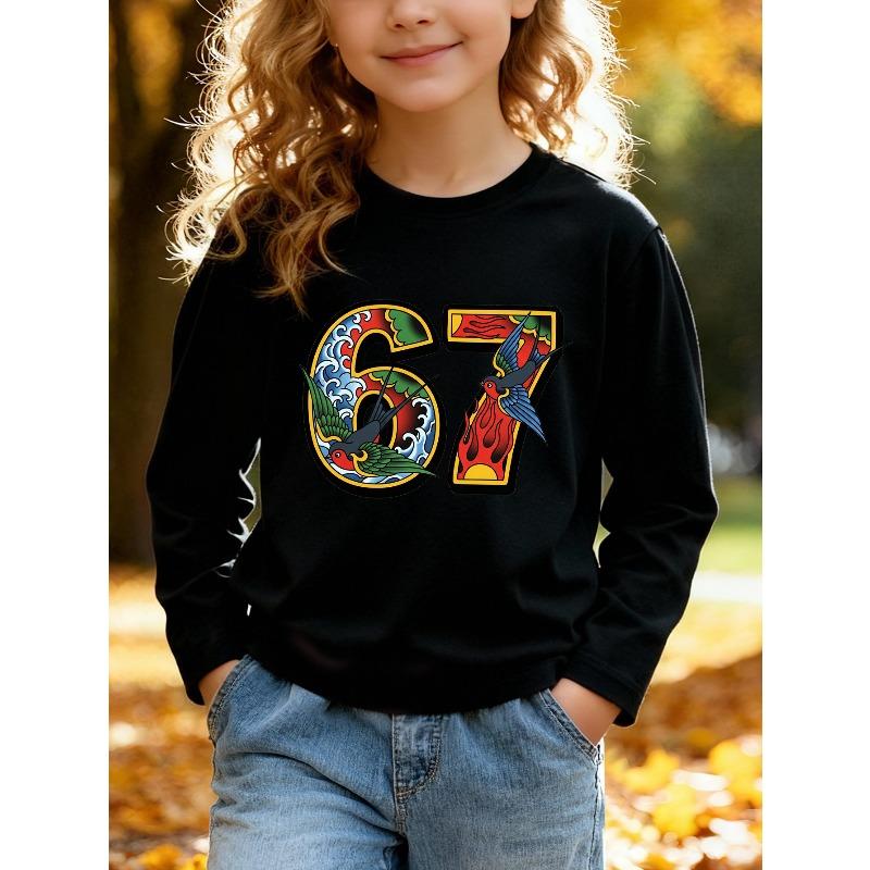 Unisex Kids White Long Sleeve Tee For 4-12 Boys Girls Traditional Old School Tattoo Style Number 67 Swallow Wave Fire Vintage Print Long Sleeve Top