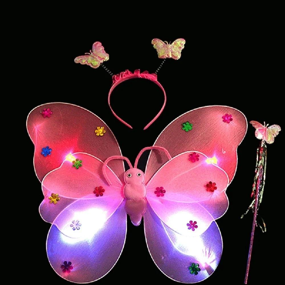 3Pcs/Set Double Layers Girls Led Flashing Light Fairy Butterfly Wing Wand Headband Costume Toy Gift Halloween Decoration