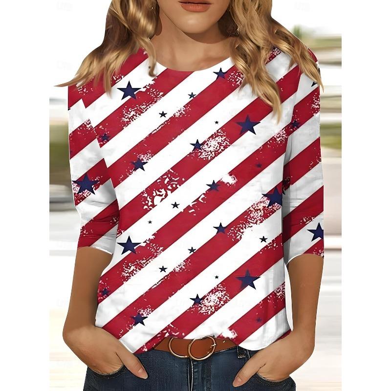 Women's T shirt Long Sleeve Crew Neck Long Sleeve Tunic Graphic Flag Top