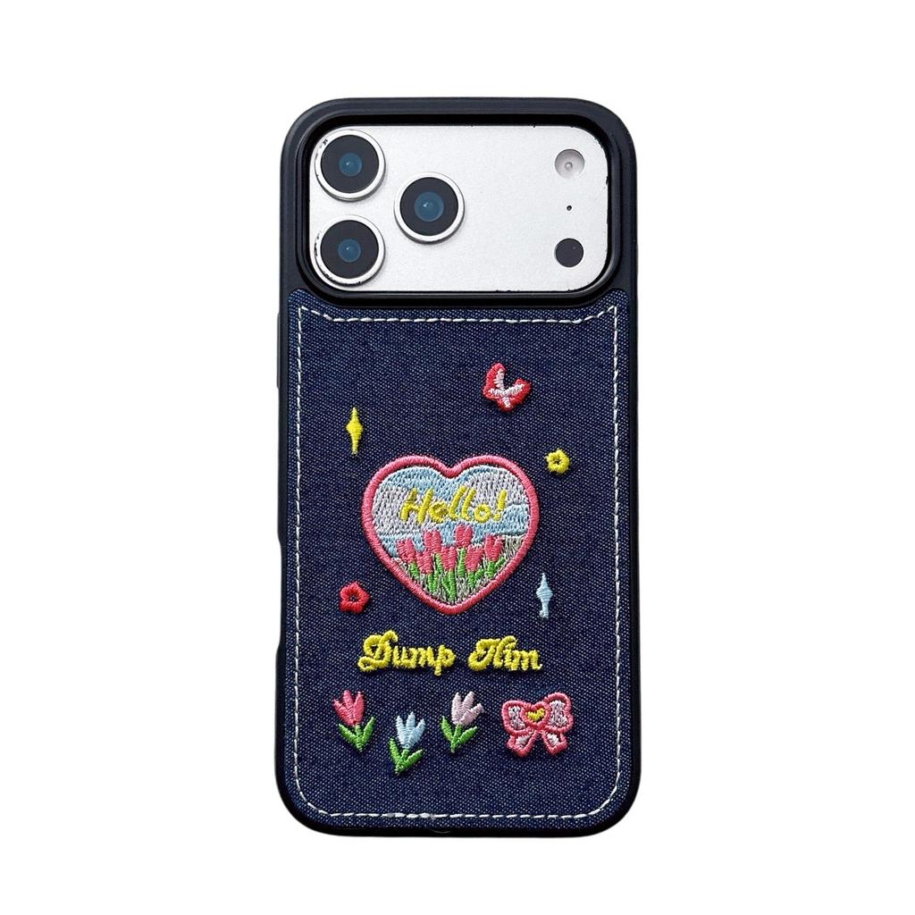 Korean Embroidery Heart & Flower Denim Case for iPhone 14-17 Pro Max