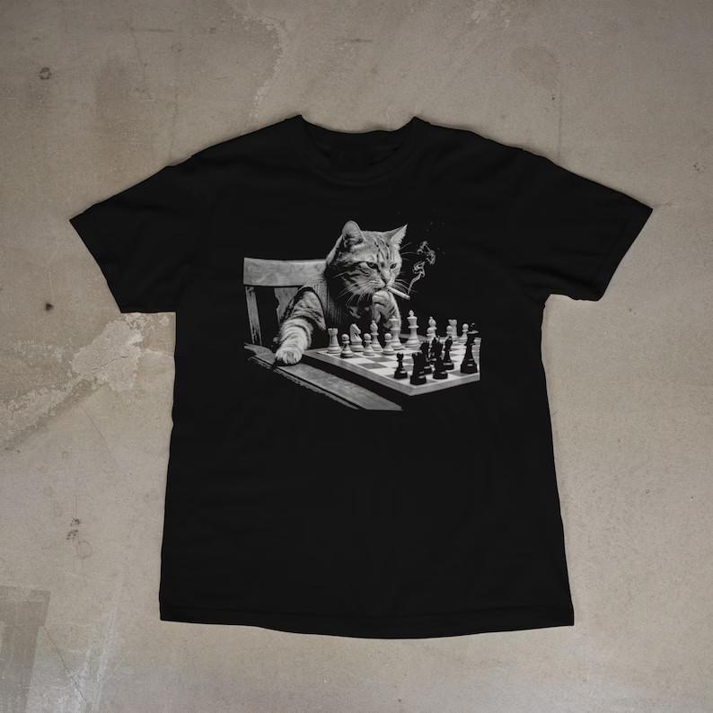 Chess Cat Shirt Smoking Cat Playing Chess T-Shirt Cat Chess Master Gift Unisex T-Shirt