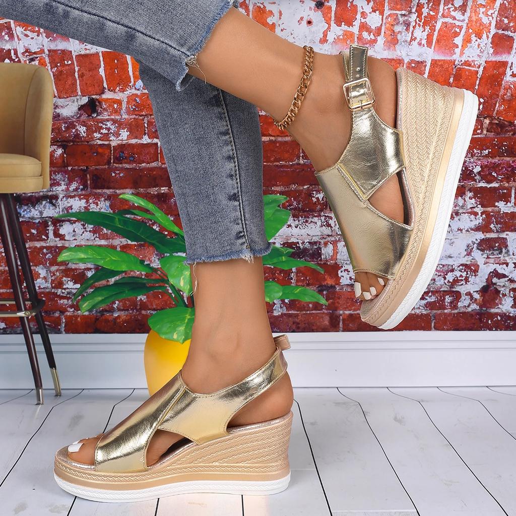 Nya Sommar Runda Tå Tjock Sula Bekväma Fiskmunssandaler för Damers Moderiktiga Kilklack Stora Storlekar Spänne Casual Sandaler