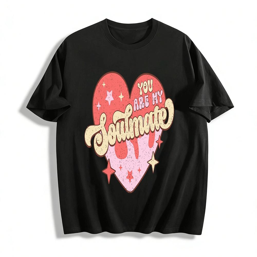 Retro Soulmate Heart Print Couple Casual Crewneck Top Pure cotton T-shirt XXS