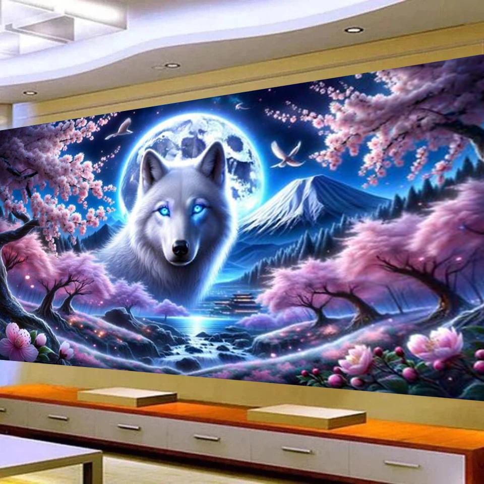 Snová Zimní Říše Bílých Vlků, DIY Diamantová Malba Měsíční Noc Růžový Strom Velký Rozměr Mozaiková Diamantová Výšivka, Sada pro Křížkovou Výšivku