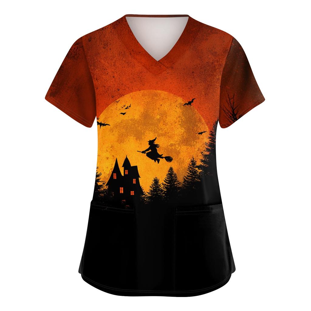 Women's V Neck Short Sleeve Work Shirt with Side Slits and Pockets Halloween Themed Printed Top Suitable for Casual and Professional Wear