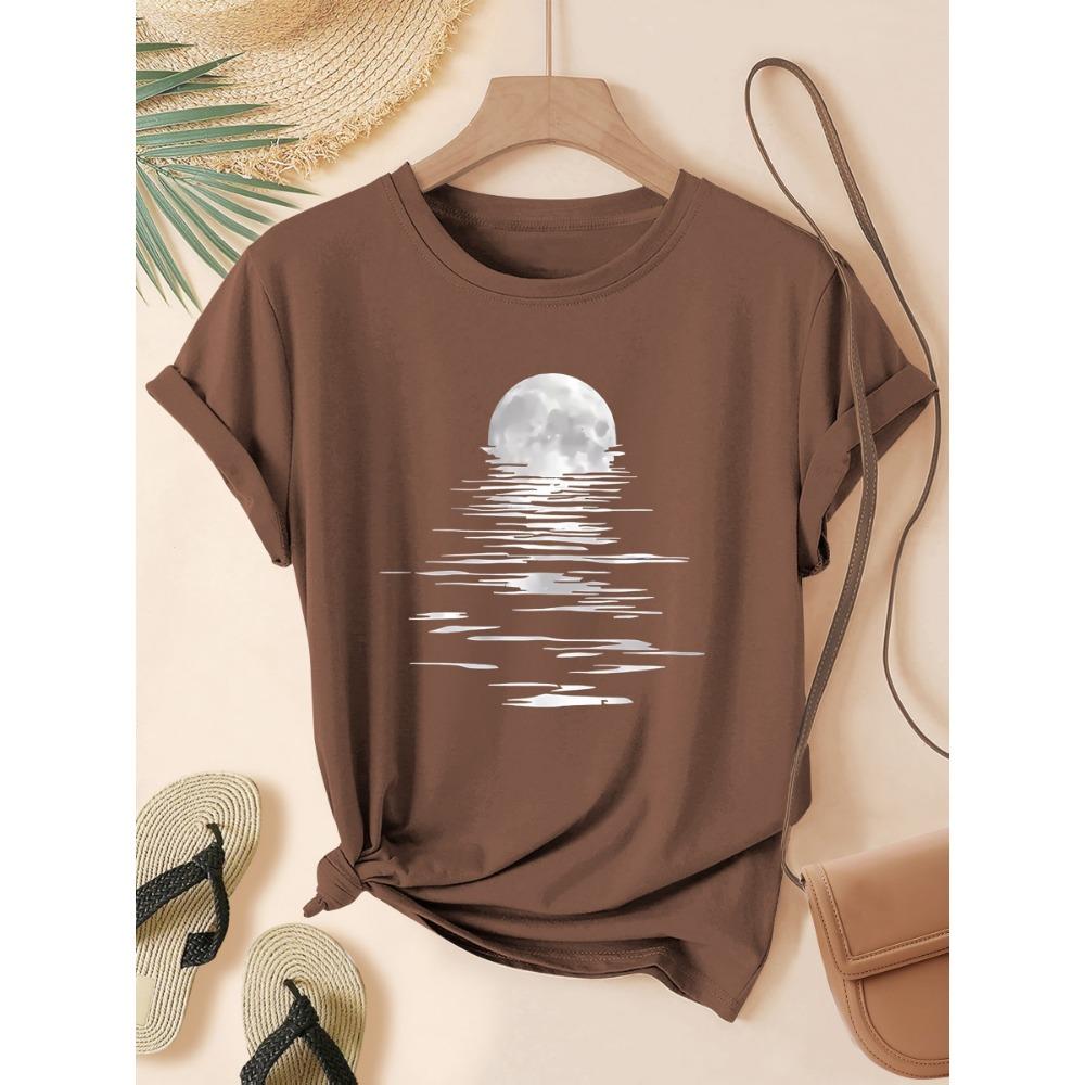 Moonlight Over Water Women's Tee - Minimalist Graphic, Casual Gray Top