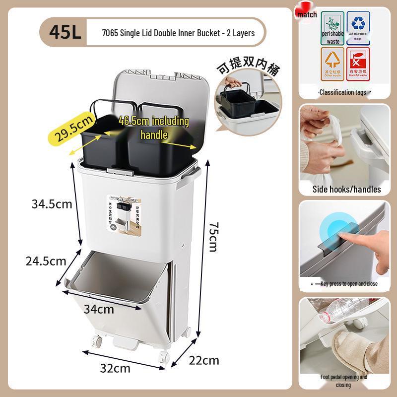 JEKO Elevated Kitchen Trash Can with Lid, Push-to-Open, Large Capacity, Double Layer for Dry/Wet Separation