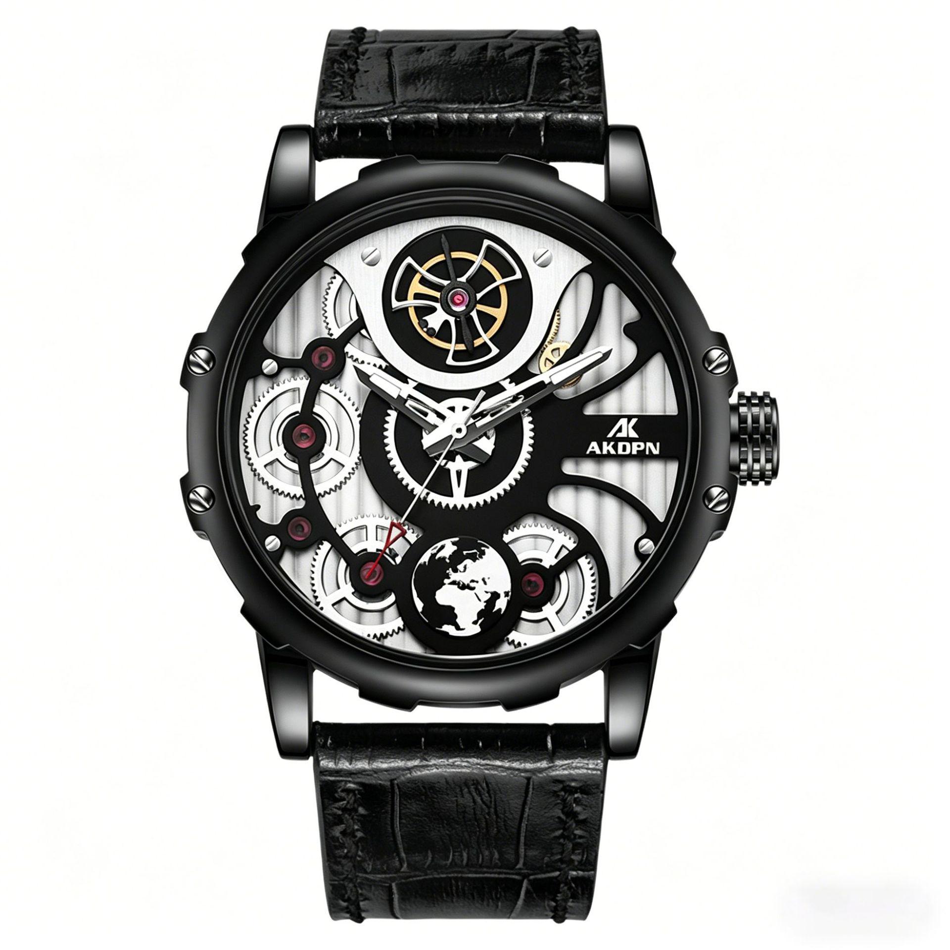 AKDPN Men s Skeleton Watch - Mechanical, Waterproof, Large Dial, Leather Strap, Earth Gear Design