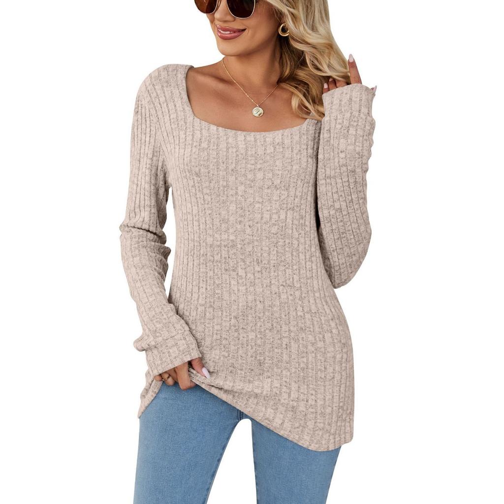 New Women's Long Ribbed Modal Top, Fall Winter Square Neck Fleece Lined Casual Long Sleeve Top, European American Style Women's Clothing
