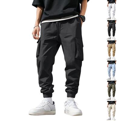 Men Casual Cargo Jogger Pants Multi Pockets Elastic Ribbed Ankle Cuffs Loose Drawstring Waist Lightweight Streetwear Tactical Work Jogger Trousers