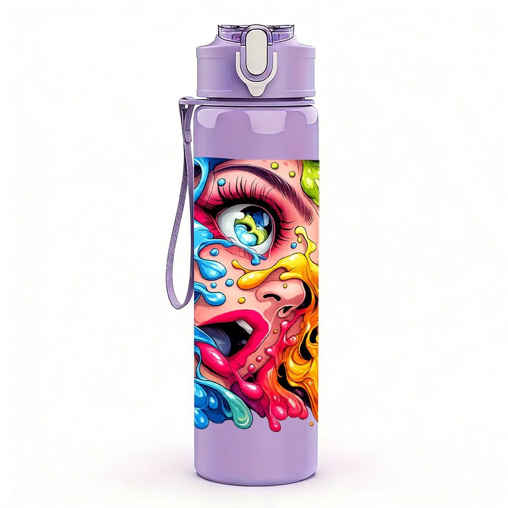 1PC Multicolor Abstract Face Graffiti Print 750ml Color Plastic Sports Water Bottle Leakproof Flip Straw Lid Suitable for Sports Office Home Use