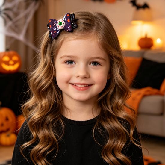 Festive Hair Styling Tools Halloween Glitter Bow Clips for Kids Baby Girls, Double Layer Shiny Party Barrettes Ghost/Pumpkin/Eyeball Bowtie