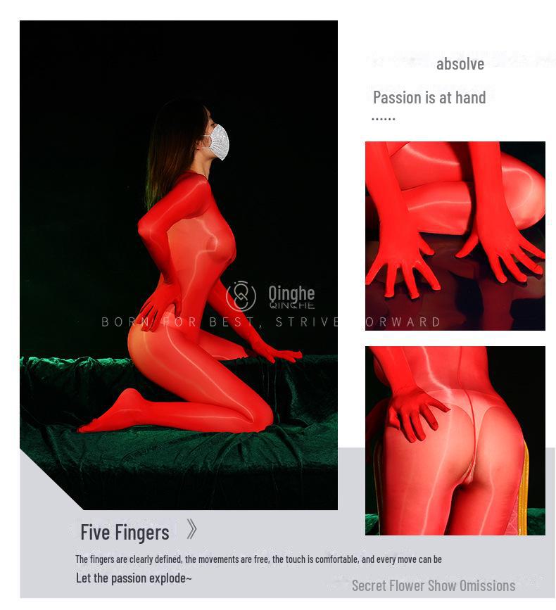 912 Jehla Lesklý Koňský Olej 8D Tenká Těsná Kombinéza s Pěti Prsty se Sexy Otevřeným Rozkrokem Celotělové Punčochy pro Ženy