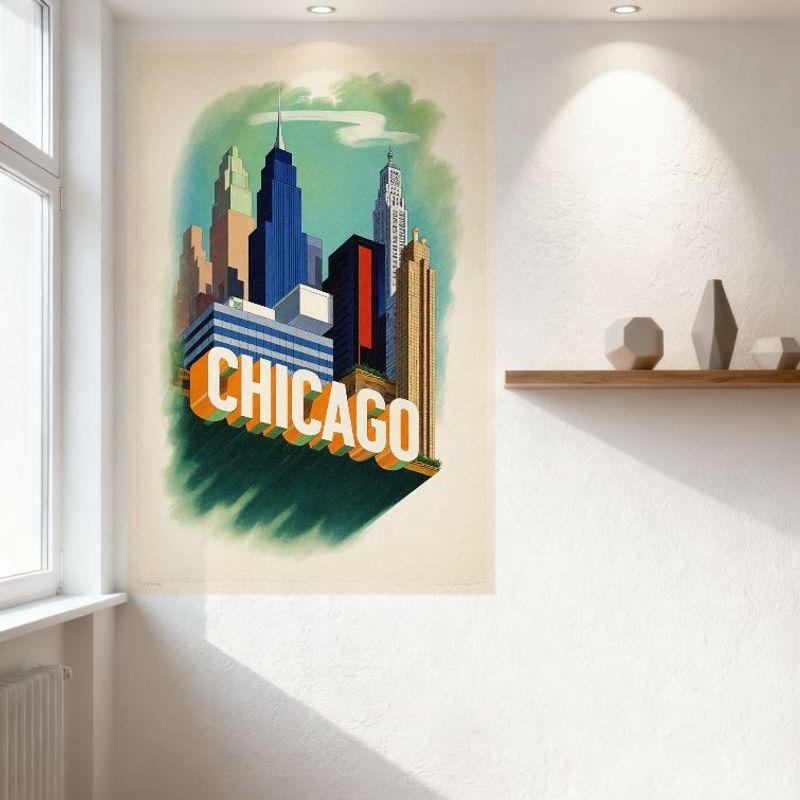 Vintage Chicago Skyline Metal Tin Sign Mid-Century Graphic Design Wall Plaque for Home Bar Club Restaurant Decor