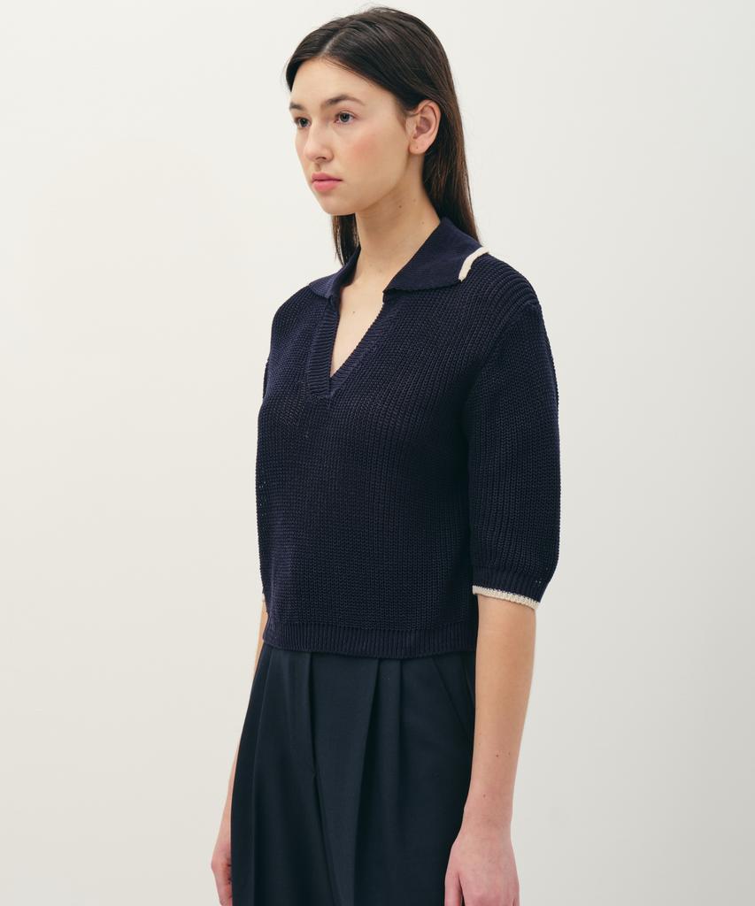 JUN BY JUN K V-Neck Collared Cotton Knit Top_Navy