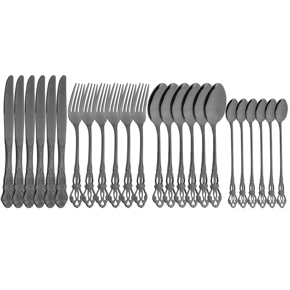24Pcs Dinnerware Set Multicolor Cutlery Set Western Stainless Steel Tableware Vintage Knife Fork Long Ice Spoon Silverware Set