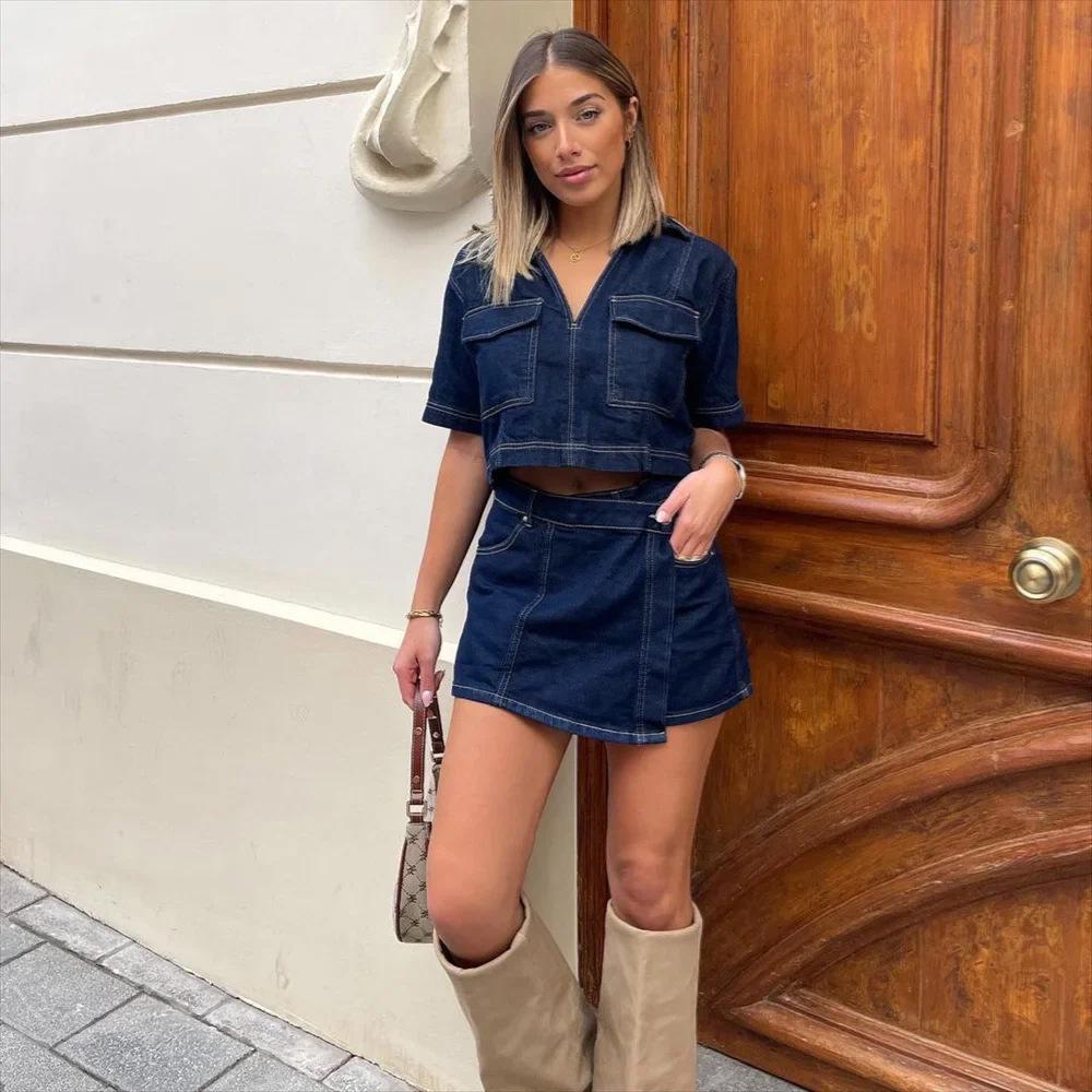 Doppelreihiger V-Ausschnitt Pullover Denim Top & Hochtaillierter Denim Rock Set