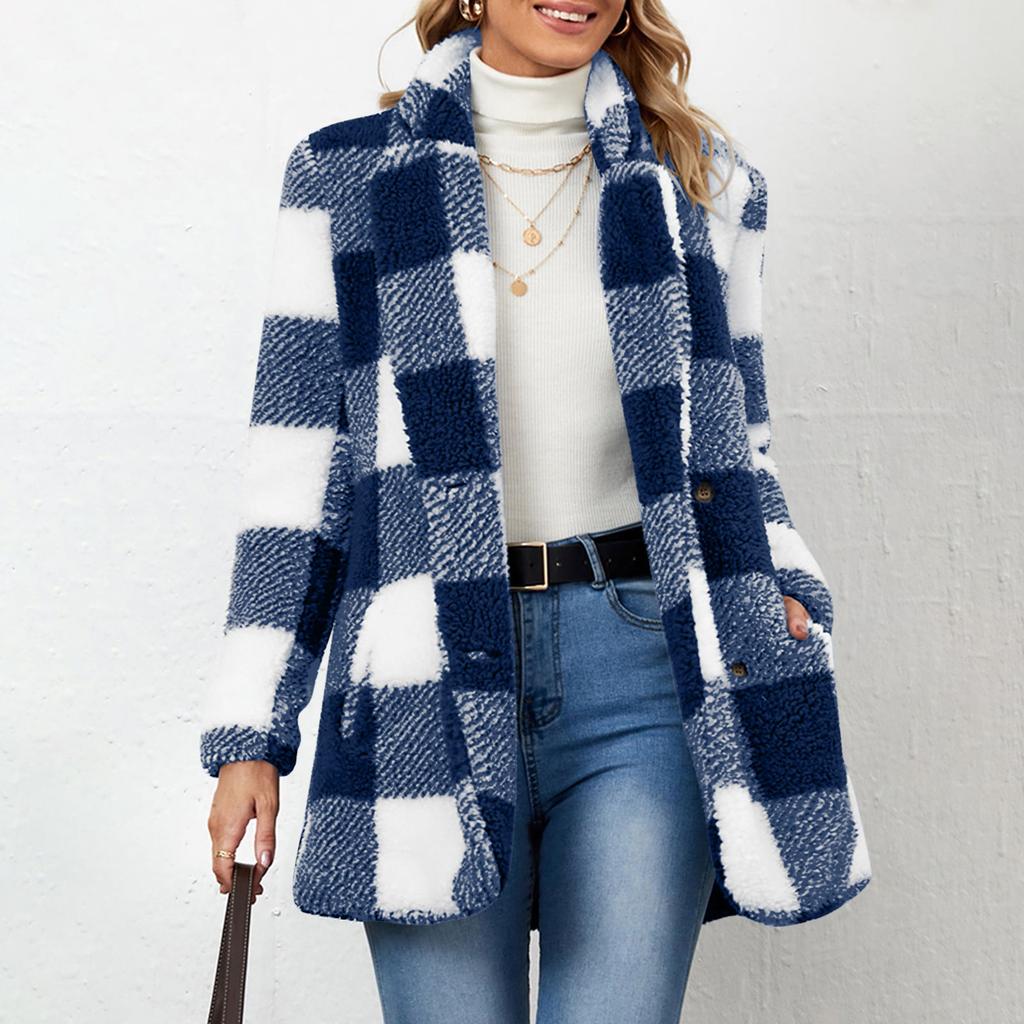 Women's Fashion Plaid Lapel Long Sleeved Coat With Buttons, Plush Warm Jacket With Pockets