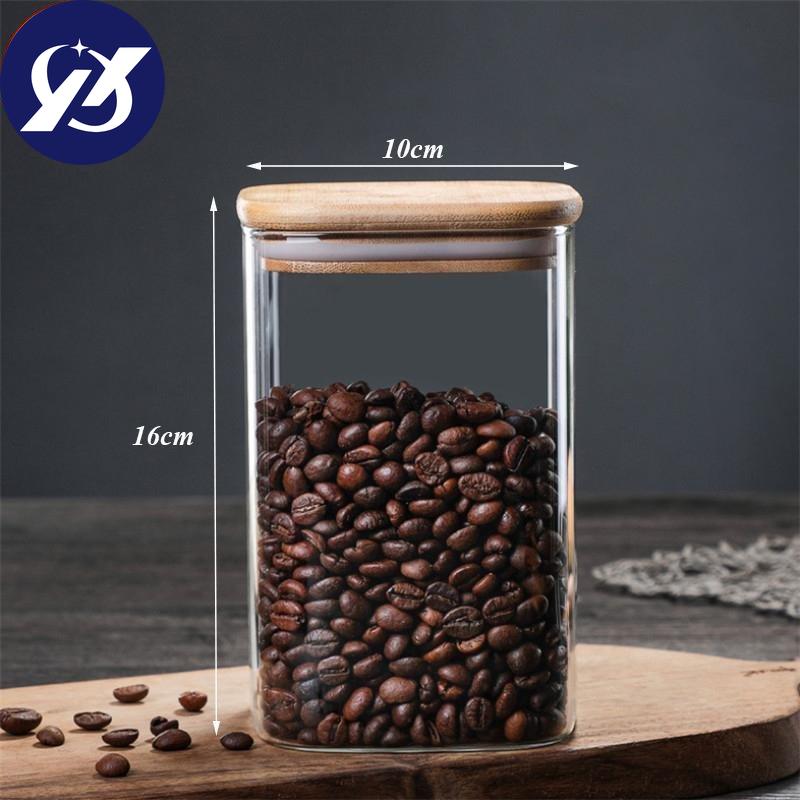 Průhledná čtvercová zapečetěná plechovka skleněná kořenka s víkem Kuchyňská nádrž na uskladnění kávových zrn Zásobník na potraviny