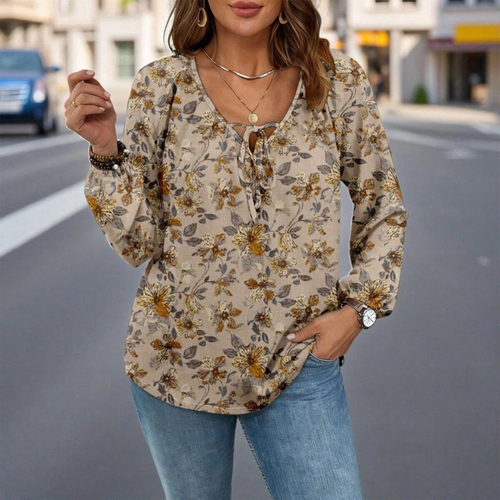 Ladies' Plus Size Comfortable Loose Fashionable Casual Tied Rope Casual And Fashionable Printing Shirt Long Sleeved Top