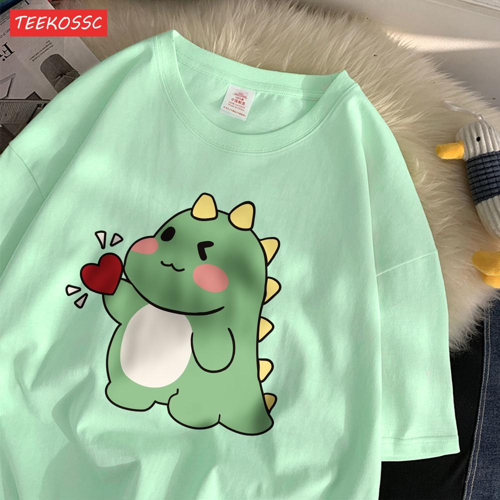 Trend Cotton WomenS TShirts Cute Little Dinosaur Confesses Love Printing Tee Shirts Soft Loose ONeck Summer Female Clothes