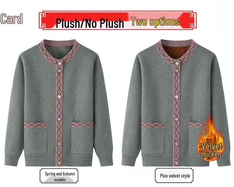 Women's Fleece-Lined Knitted Cardigan for Autumn/Winter - Ideal for Middle-Aged and Elderly.
