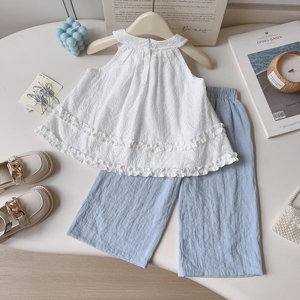 Girls' Summer Cute Embroidered Lace Halter Tank Top & Wide-Leg Pants Set
