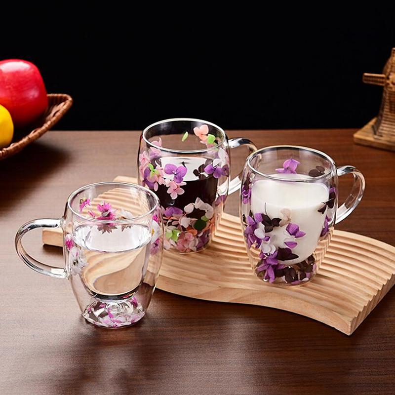 1 taza para té y café de vidrio de borosilicato de alta calidad Ins Trends, taza con flores secas y flores, taza de vidrio de doble pared resistente al calor simple