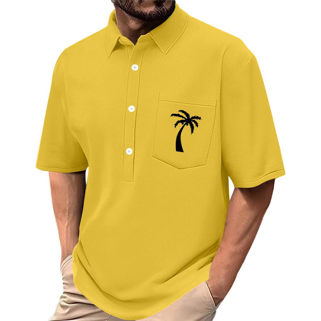 Men's Summer Solid Color Print Four-sided Stretch Lapel Button Pocket Shirt Casual Sports Short-sleeved Top