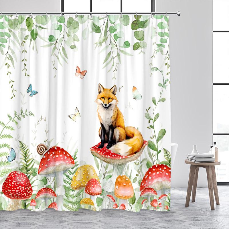 Funny Fox Shower Curtain Autumn Forest Maple Leaves Animal Fall Art Scenery Bath Curtains Fabric Home Bathroom Decor with Hooks