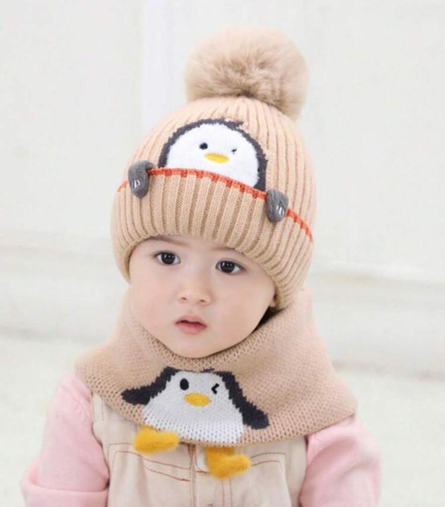Baby Knit Neck Warmer with Winter Warm Penguin Design J.B.things Hat, Warmth, Scarf, Hat, (JP, 50.0 Cm, Beige)