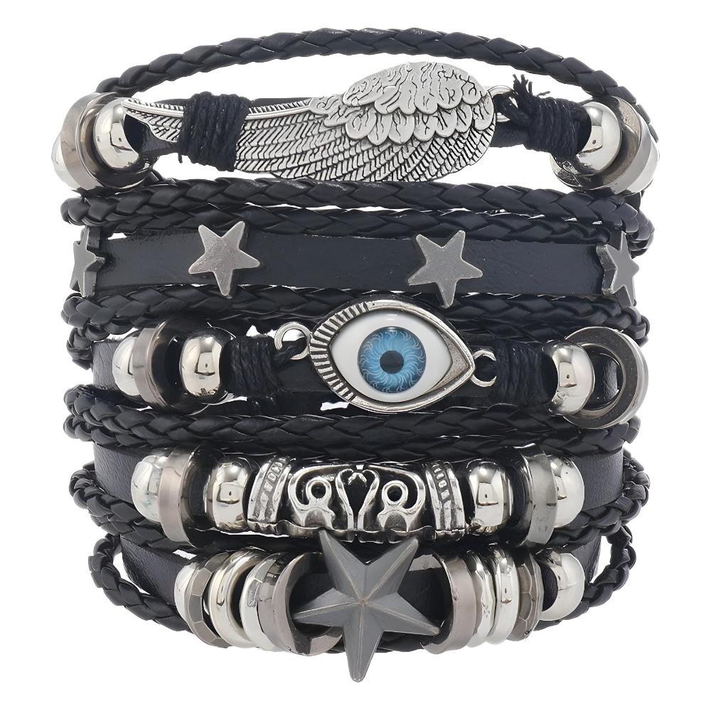 Ethnic Retro Multi-layer Devil's Eye Angel's Wings Star Black Wax Rope Leather Bracelets for Women Men Trendy Punk Jewelry Gifts