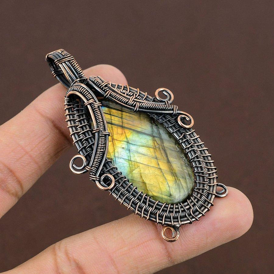 Natural Labradorite Gemstone Handmade Copper Wire Wrap Pendant 2.80" L9a36