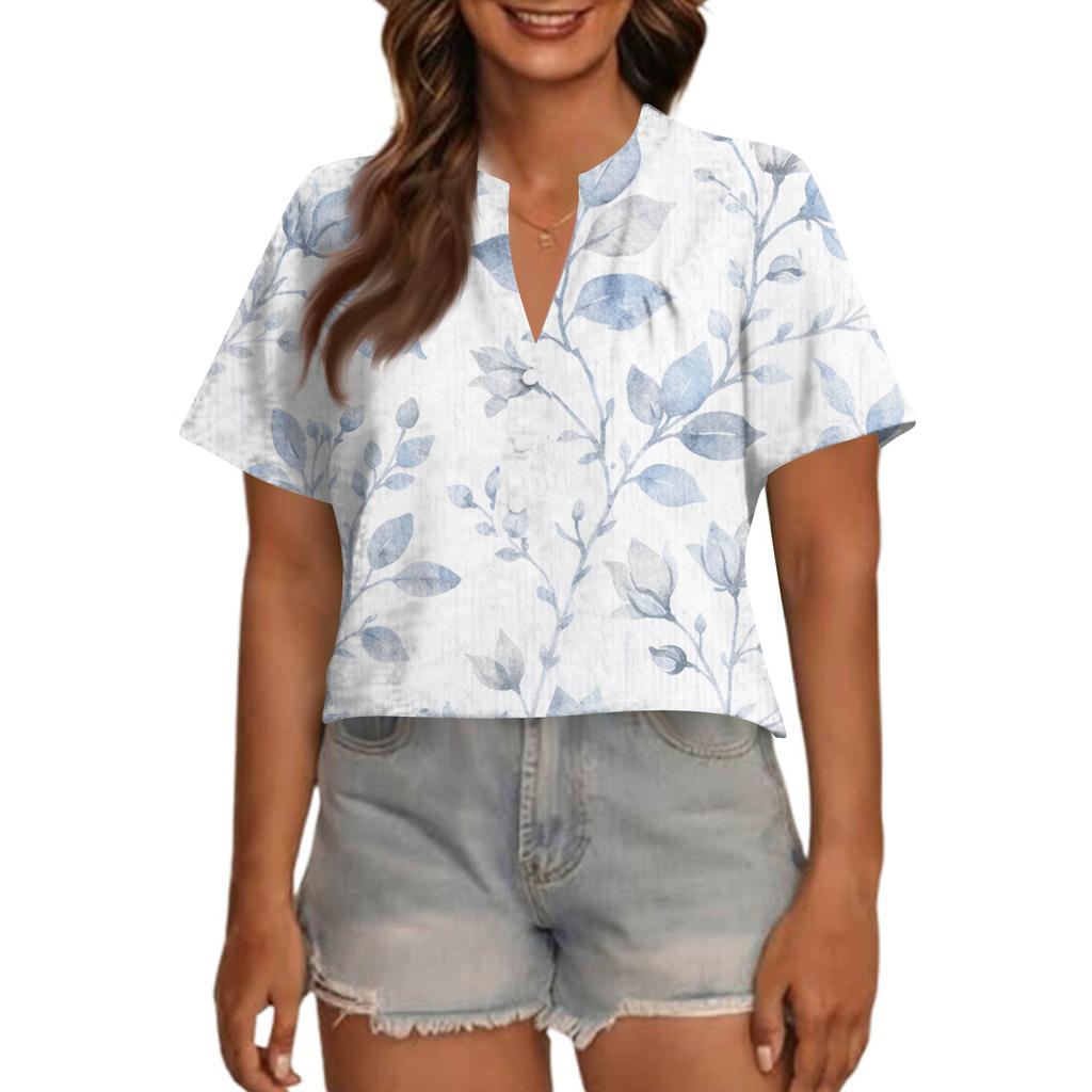 Women's Fashionable Casual V Neck Button Up Oversized Short Sleeve Printed Top