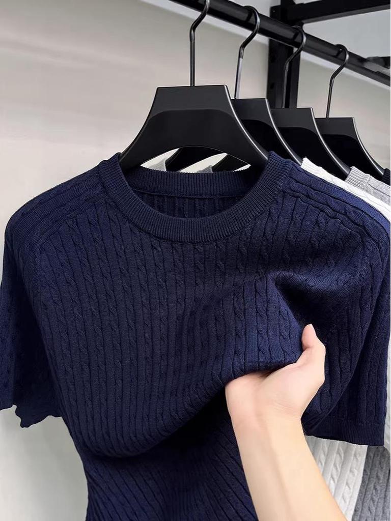 Men's Casual Loose Fit Round Neck Short Sleeve Knit T-shirt - Spring/Summer Solid Color Pullover