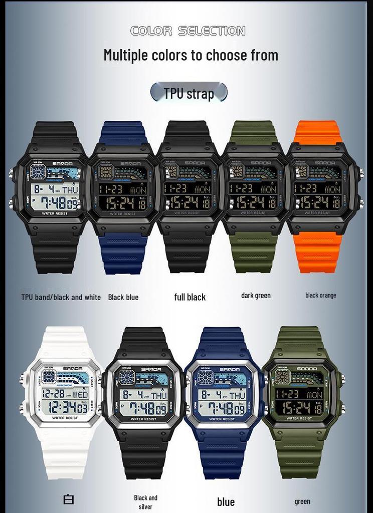 Sanda Sports Waterproof Square Electronic Watch for Teens - Unisex Fashionable and Simple Design