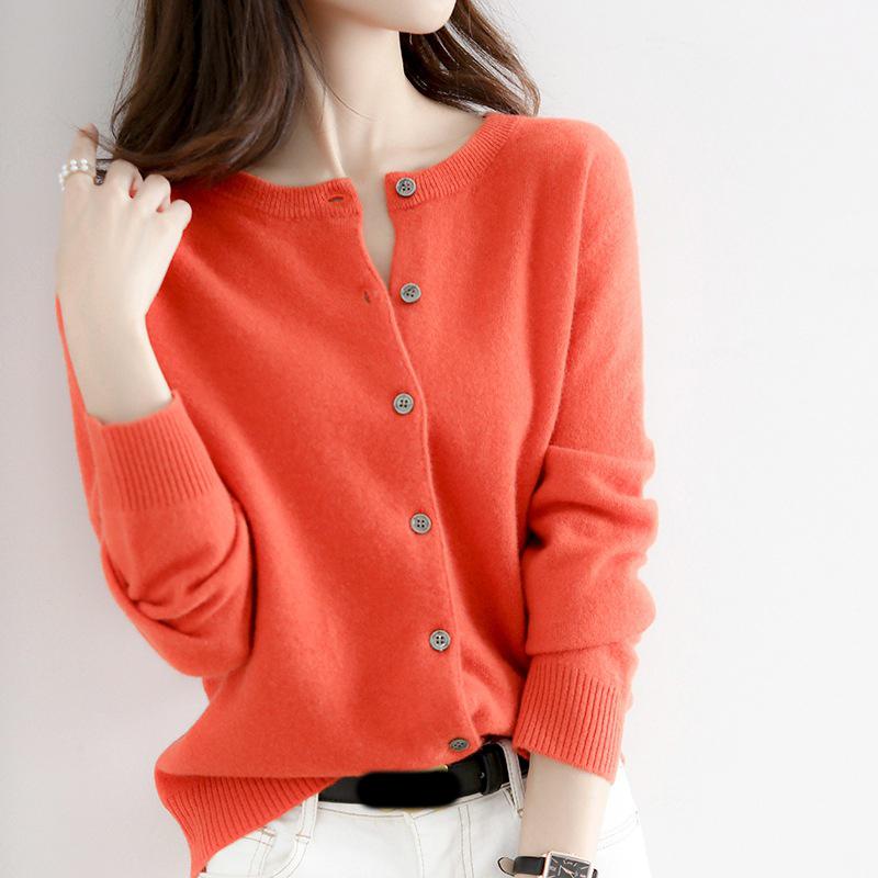 Women Single Breasted Chic Cardigan Fashion Solid Color Long Sleeve Round Neck Autumn Winter Sweater Casual Office Lady Jumpers