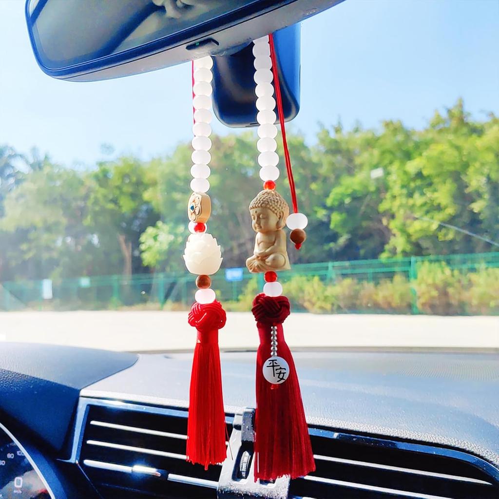 Buddha Rear View Mirror Accessories Hanging Charms, Tassels Car Hanging Ornament, Cute Car Accessories for Women/Men, Fo Bao Ping an
