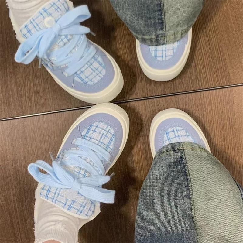 2025 New High-value Light Blue Bread Shoes Plaid Casual Wear-resistant Fashion Denim Blue Sports Running Board Shoes