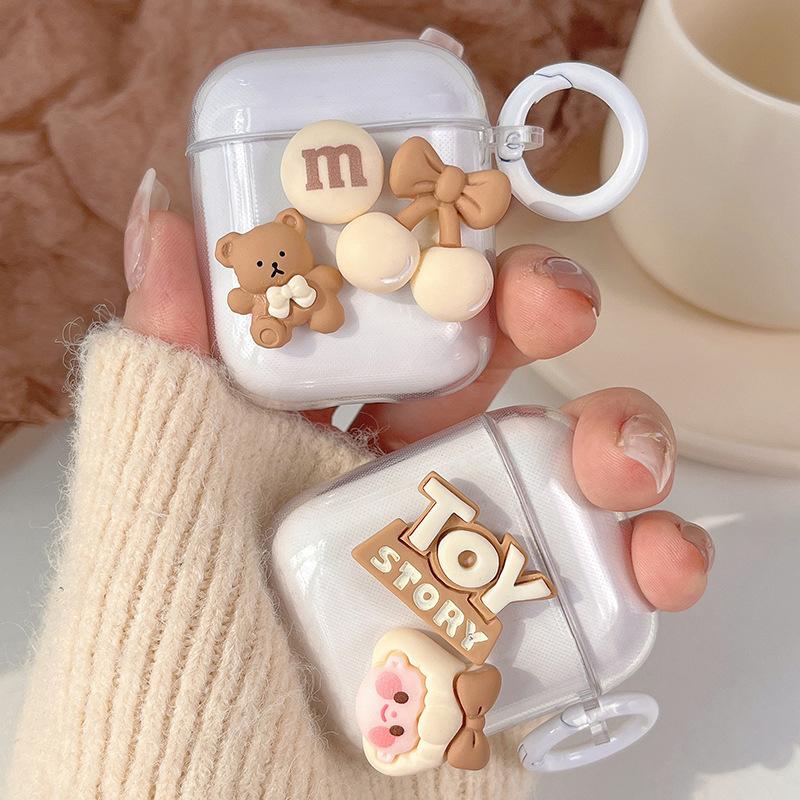 Cartoon Cherry Airpods 1 /2 Generation Cute Bear Transparent Bluetooth Headset Protective Case Cover 3 Generation Hanging Buckle Soft Pro