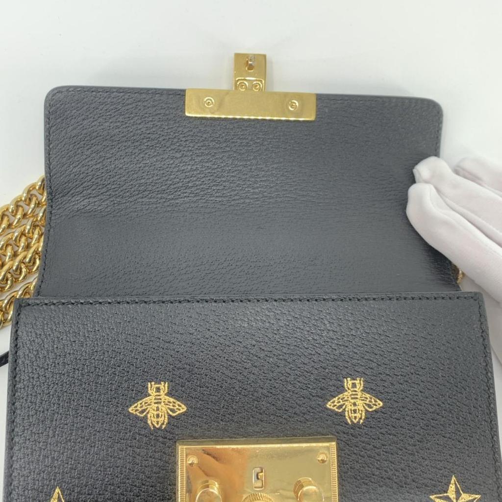 GUCCI Bee & Star Shoulder Bag Crossbody Chain Strap Gold Hardware Leather 432182 Padlock Black Women's