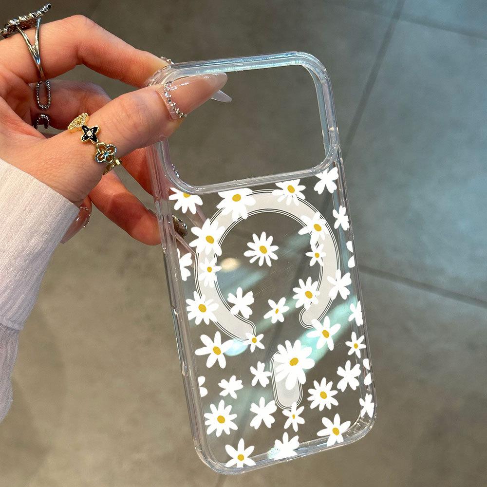 Japan and South Korea popular small daisy transparent mobile phone case magnetic wireless charging compatible with Apple 17PRO anti-drop protective