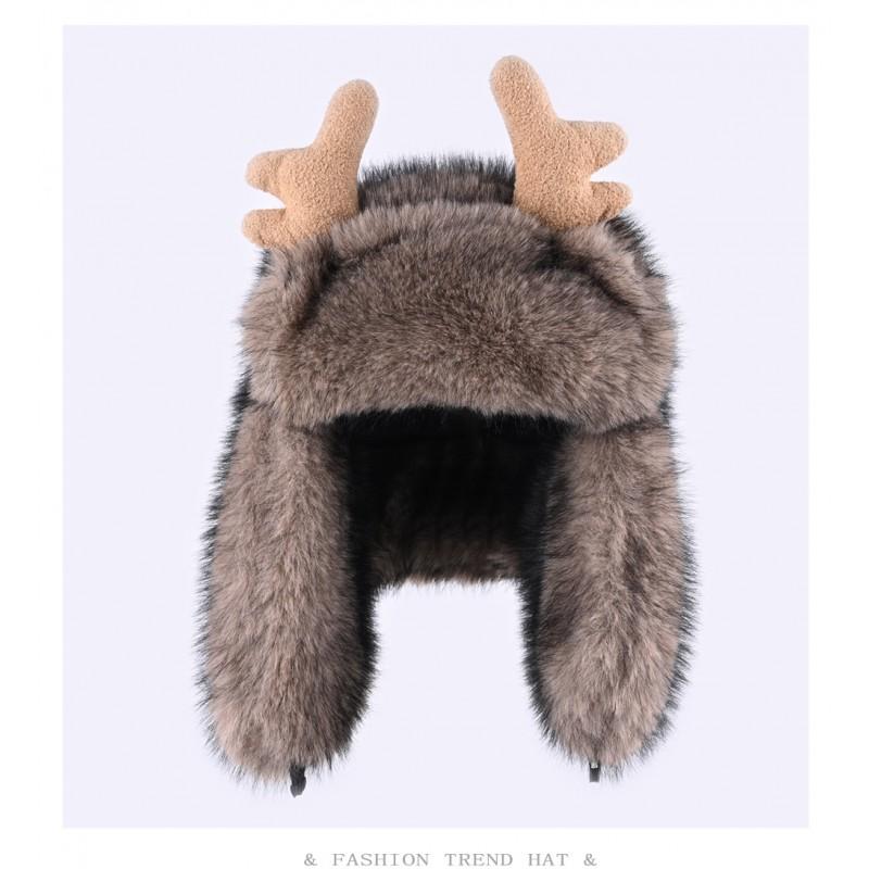 Warm Faux Mink Hat Women Men Winter Thick Ear Protection Beanie With Deer Antler Design Casual Outdoor