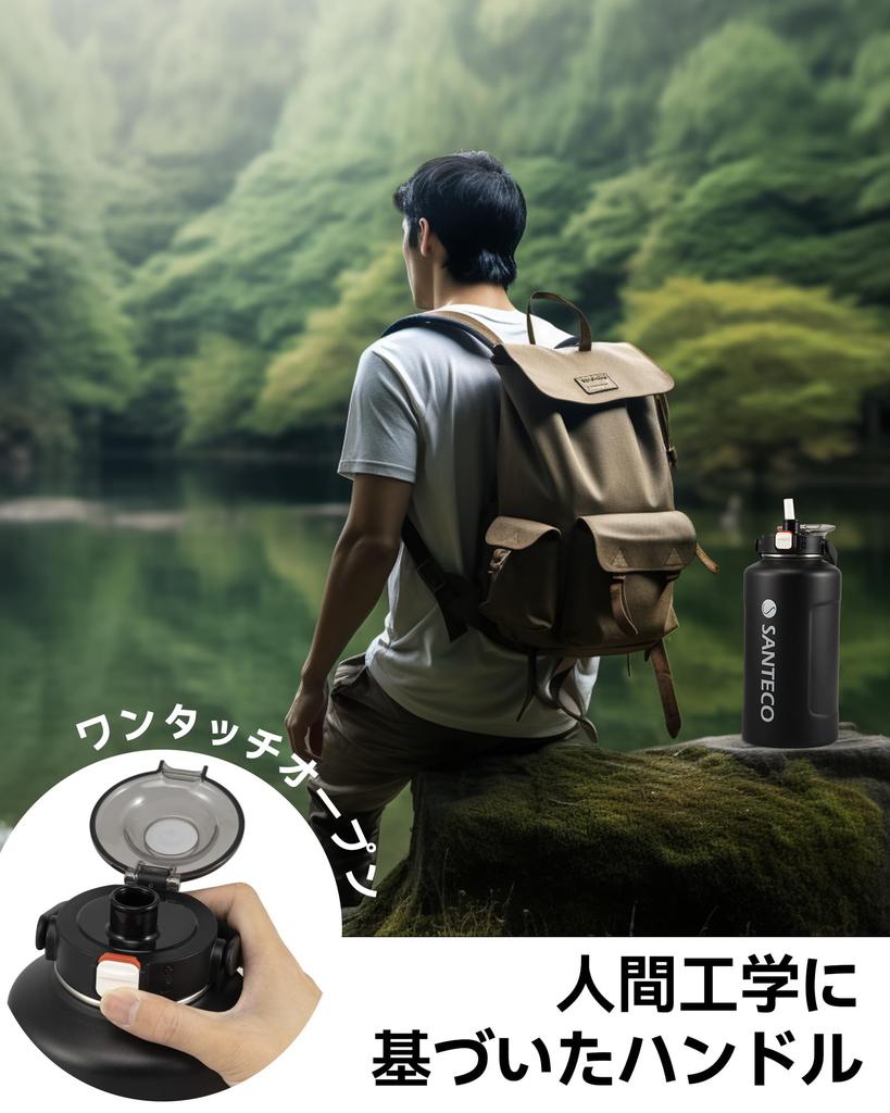 SANTECO Vacuum Insulated Stainless Steel Water Large with for Hot or Cold Drinks Bottle, 1900ml, Capacity, Straw, Black,