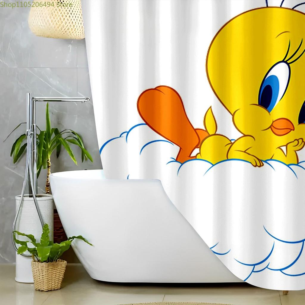 1pc WB Tweety Bird Shower Curtain - Officially Licensed Bathroom Decor with Tweety & Sylvester Print, High Quality with 12 Hoo