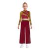 Girls Two Piece Dance Set Mock Neck Long Sleeve Sequins Crop Top Side Slit Chiffon Wide Leg Pants