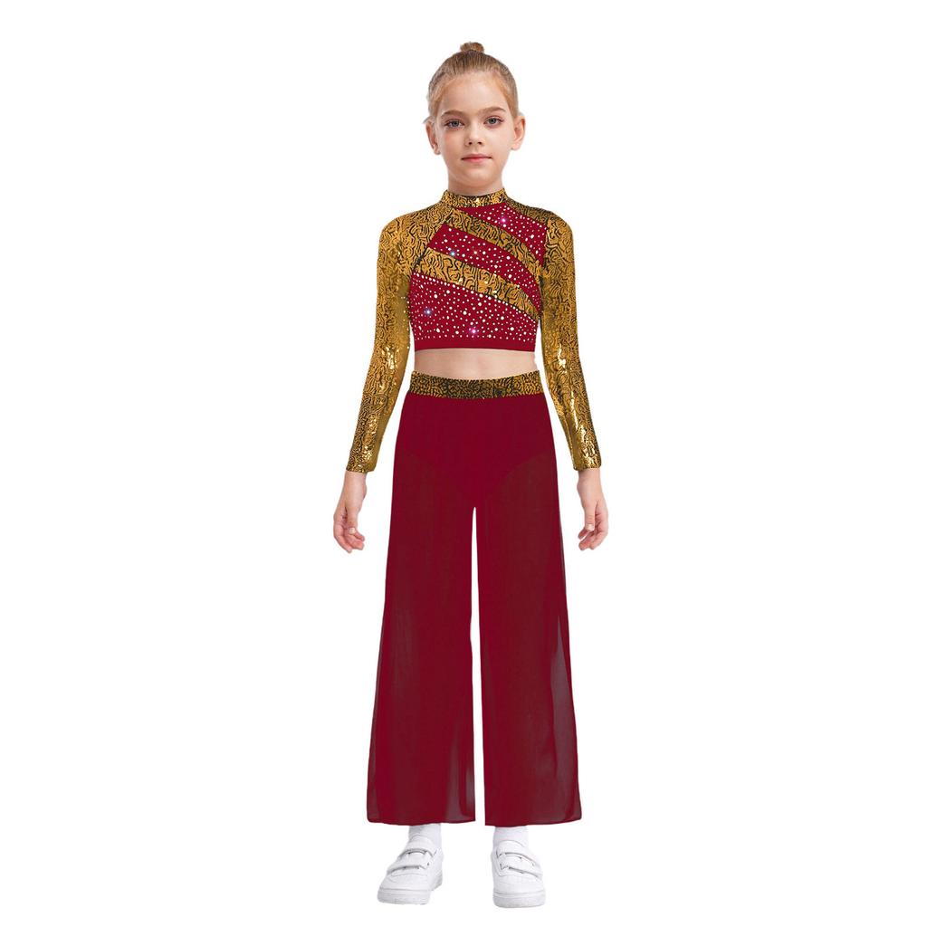 Girls Two Piece Dance Set Mock Neck Long Sleeve Sequins Crop Top Side Slit Chiffon Wide Leg Pants