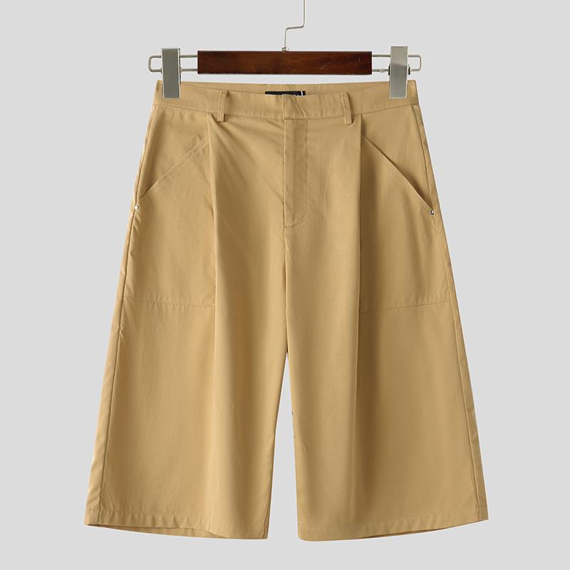 INCERUN Men High Zipper Waist Solid Casual Loose Cropped Short Pants