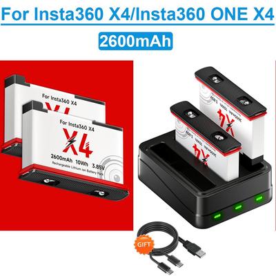 2600mAh High Capacity For Insta360 X4 Camera Battery+3-Slot LED Fast Charger For Insta360 ONE X4 Action Camera Accessories